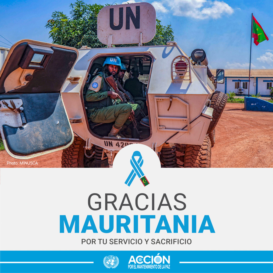 Tarjeta de tres cascos azules de Mauritania y el texto: Gracias, Mauritania, por tu servicio y sacrificio.