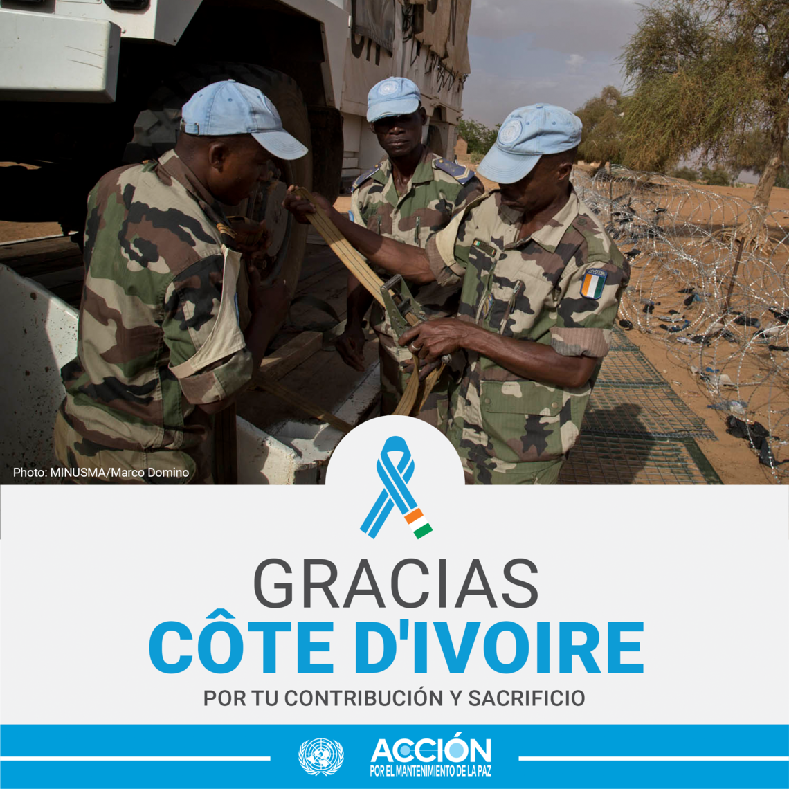 Tarjeta de tres cascos azules de Côte d'Ivoire y el texto: Gracias, Côte d'Ivoire, por tu servicio y sacrificio.