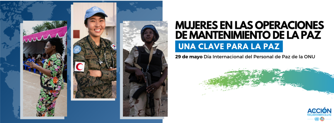 Tarjeta "Mujeres en las operaciones de manternimiento de la paz" con la imagen de 3 mujeres.
