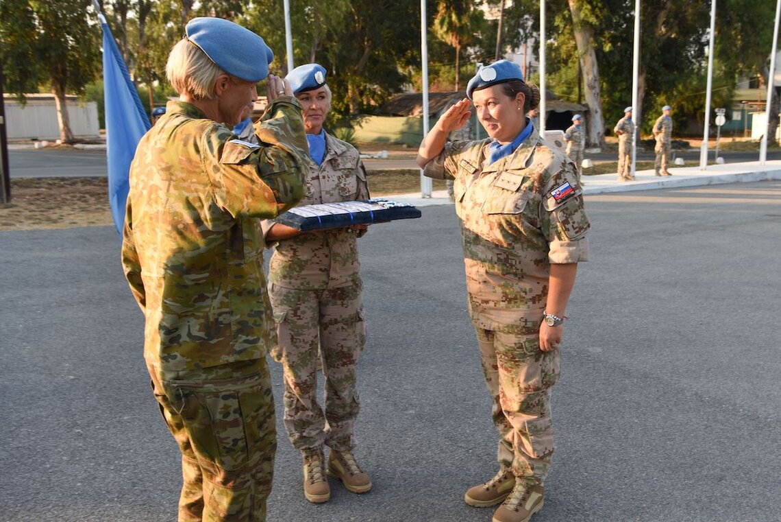 Female Slovakian peacekeepers being awarded for their contributions during a medal parade ceremony to the UN Peacekeeping Force in Cyprus (UNFICYP)