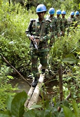 Peacekeepers walking in sigle file through tall grass.