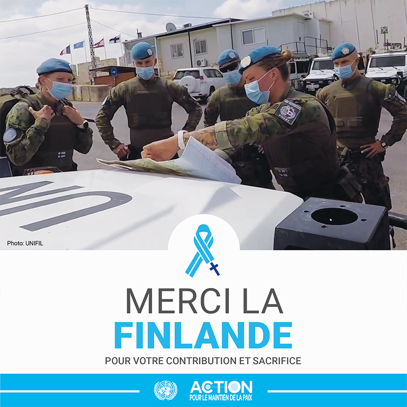 Affiche "Merci la Finlande" représentant des Casques bleus finlandais 