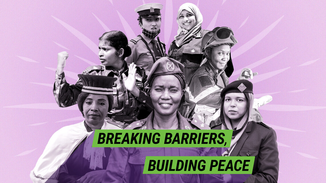 A collage of women working in security roles stand behind a banner that reads "breaking barriers, building peace"