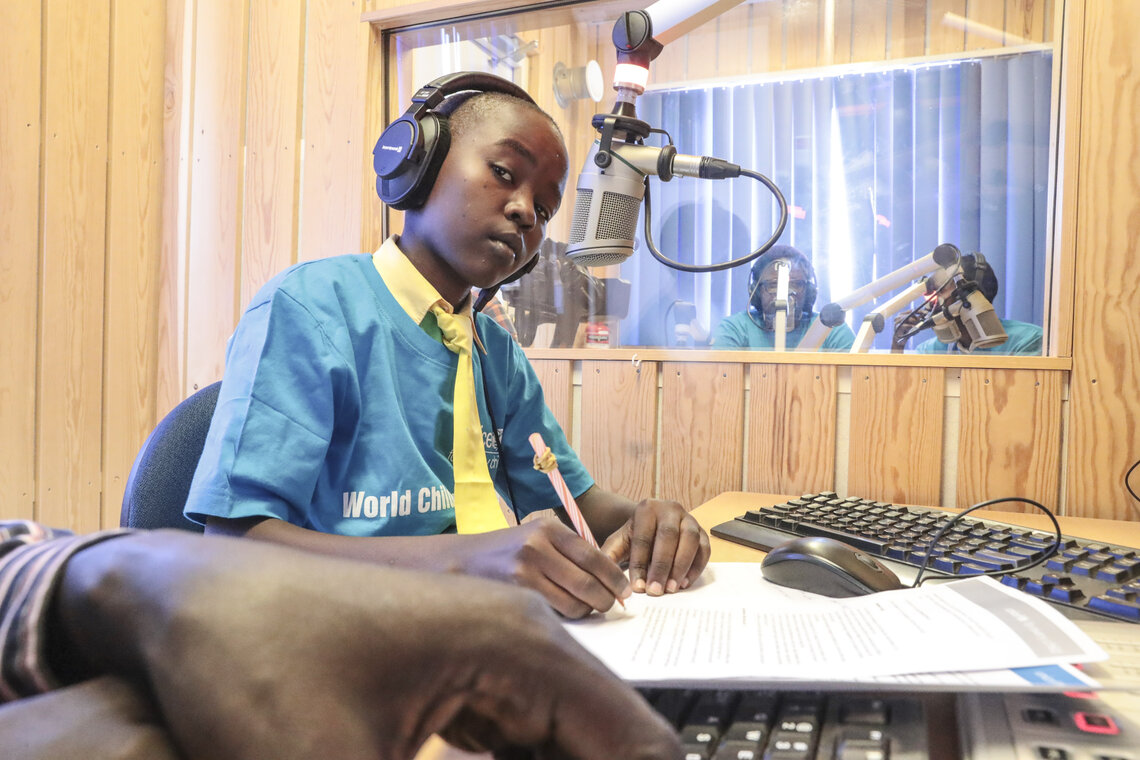 13-year-old Daniel Sabri presenting ‘The Beat’ programme at Radio Miraya in South Sudan.