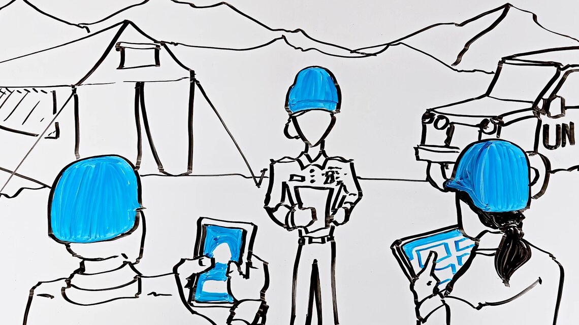 Illustration de trois Casques bleus en train d'utiliser une application mobile