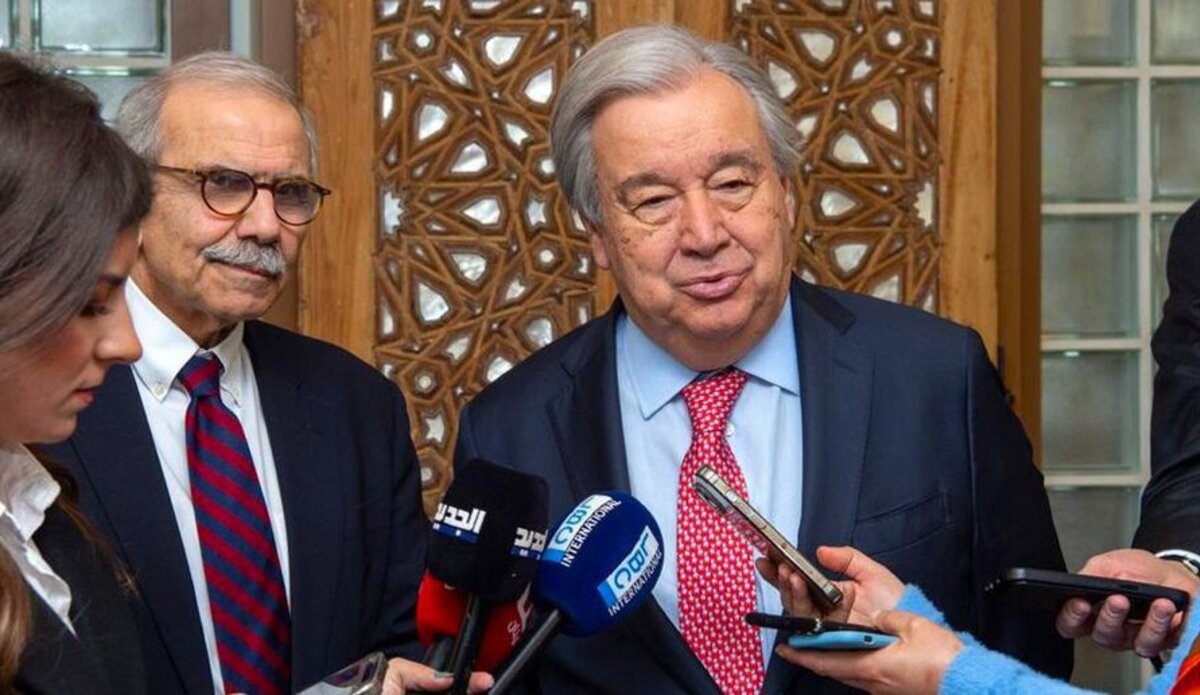 The UN Secretary-General António Guterres answers questions from the Lebanese media after meeting with the Prime Minister Designate, Nawaf Salam. (left)