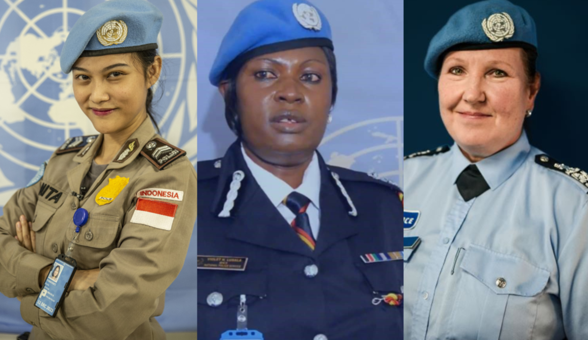 Tres mujeres policía de mantenimiento de la paz de la ONU.