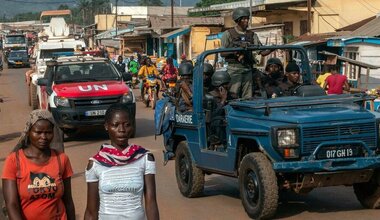 MINUSCA/Herve Serefio A UN patrol passes through a market area of a town in the Central African Republic.    