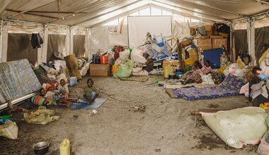 A tent serves as a reception area for displaced families at a hospital near Goma, North Kivu province, DR Congo.