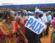 Peacekeepers attend an event with women from the Central African Republic calling for peace 