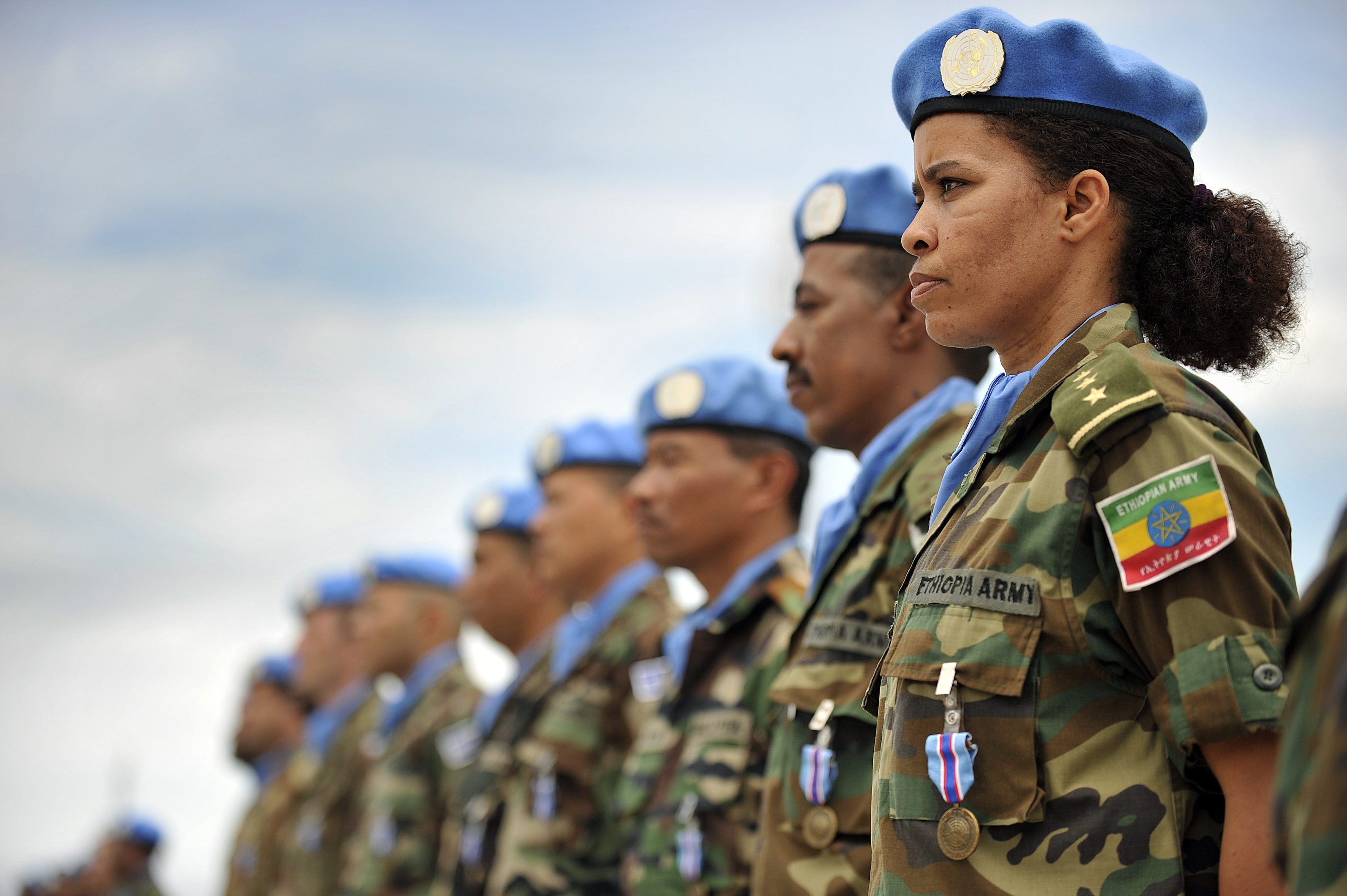Female Ethiopean Peacekeeper in the foreground during a medal parade for Milops in Monrovia, Liberia